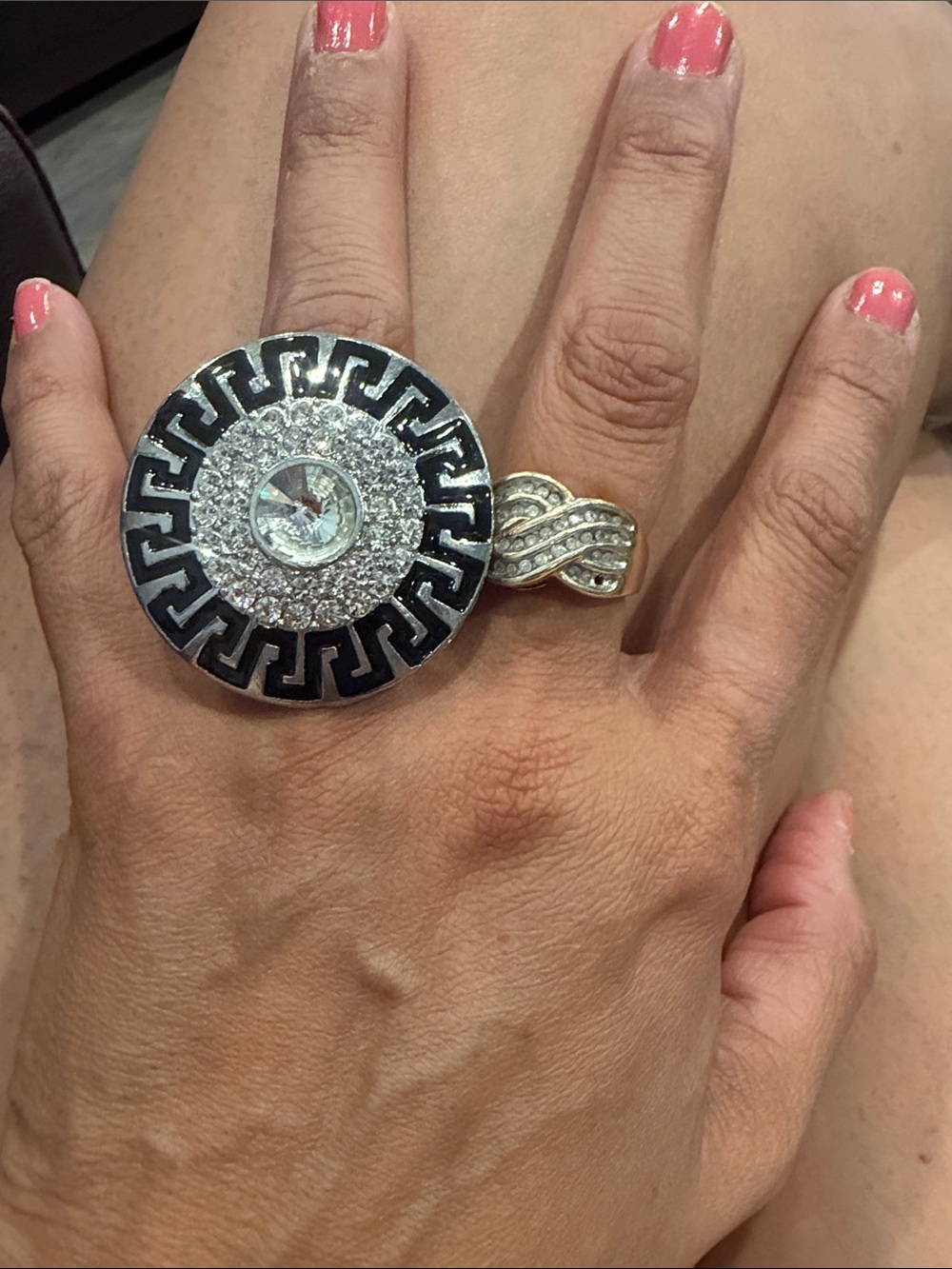 Source Unknown Silver-Tone Black & Clear Crystal Round Statement Ring